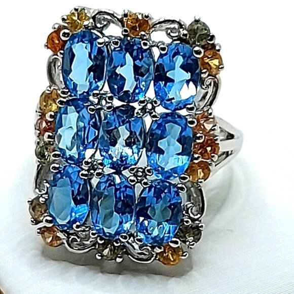 Natural Oval Swiss Blue Topaz 6x4mmSapphire 925 Sterling Silver Ring Sz 7‎